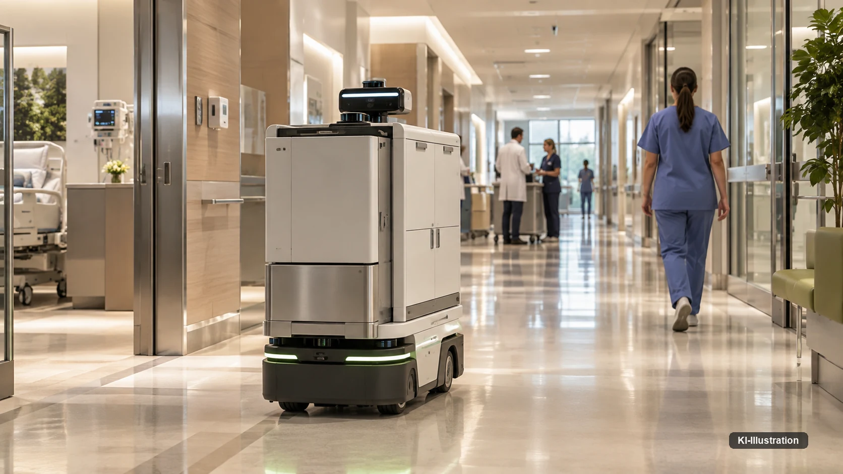 Autonomes Transportfahrzeug fährt durch einen hellen Krankenhausflur, im Hintergrund geht eine Pflegekraft.