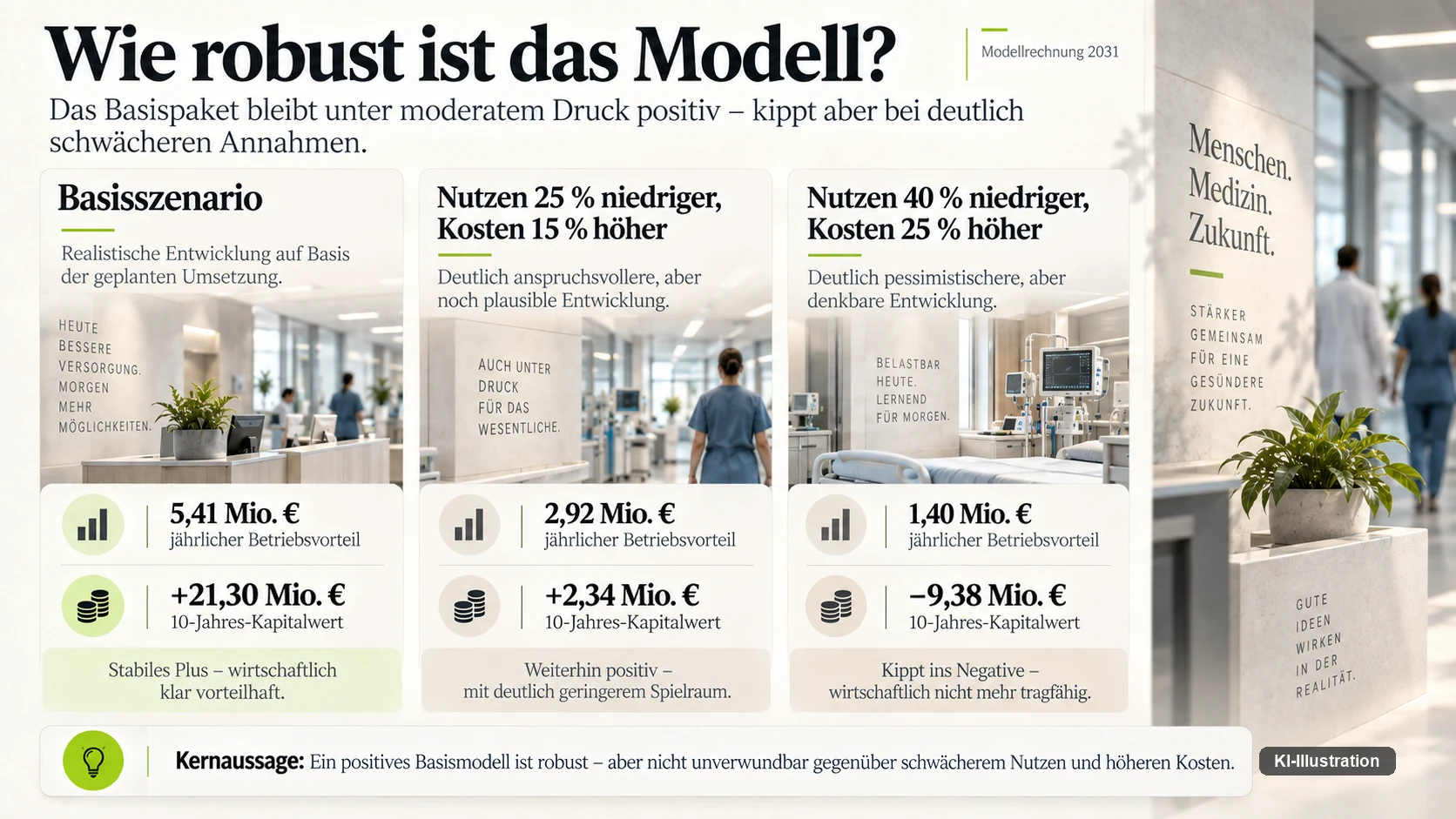 Schaubild mit drei Szenarien: Basis plus 21,30 Millionen Euro Kapitalwert, zurückhaltend plus 2,34 Millionen, Stress minus 9,38 Millionen.