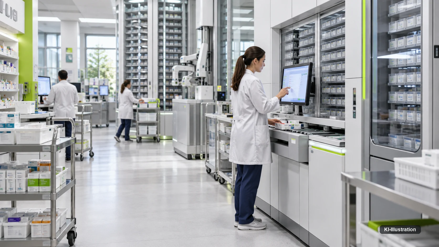 Krankenhausapotheke mit Kommissionierautomat, Lagertürmen und einem Greifarm, eine Apothekerin bedient den Touchscreen an der Ausgabe.
