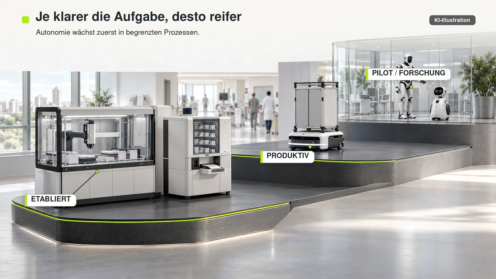 Dreistufige Reifegradlandschaft mit etablierter Laborautomation, produktiver Logistik und Robotik im Pilot- und Forschungsstadium.