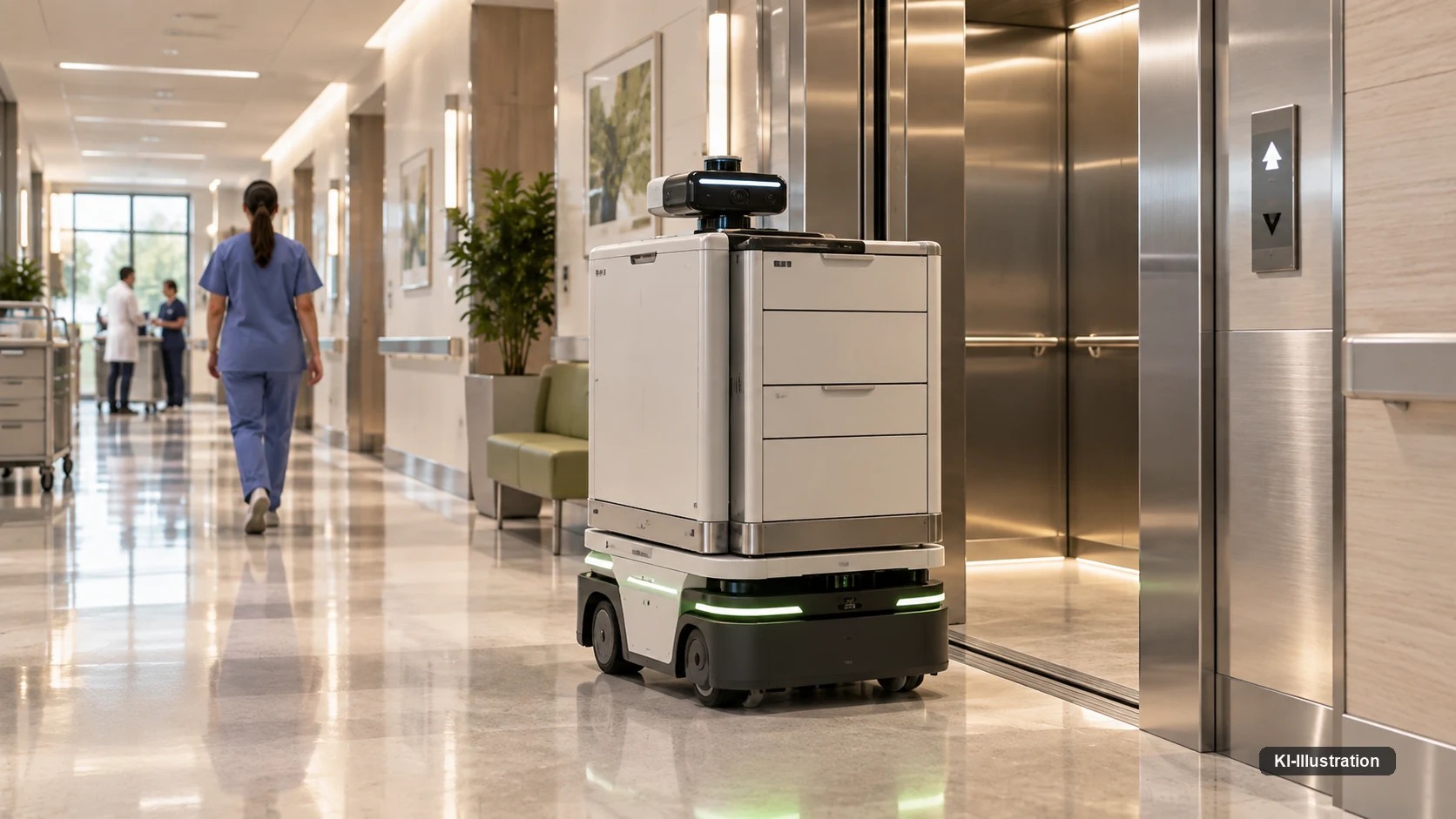 Autonomes Transportfahrzeug steht vor einer geöffneten Aufzugstür auf einem Krankenhausflur.