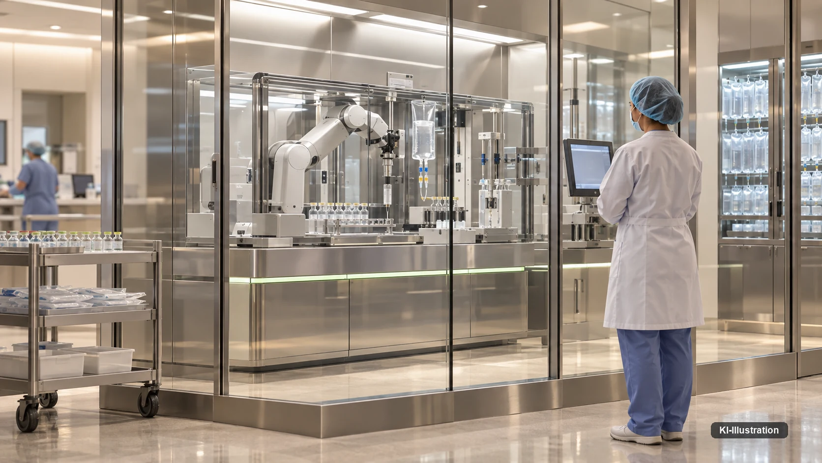 Roboterarm in einem verglasten Isolator zur aseptischen Arzneimittelzubereitung, davor eine Mitarbeiterin in Schutzkleidung.