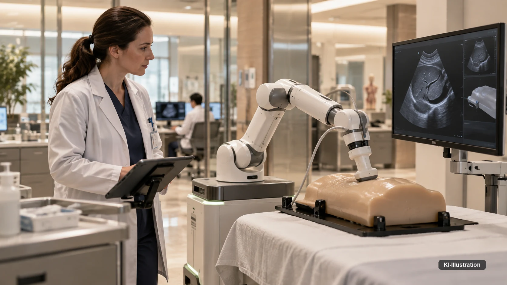Roboterarm führt einen Ultraschallkopf über ein Übungsphantom, daneben eine Ärztin mit Tablet vor dem Ultraschallmonitor.