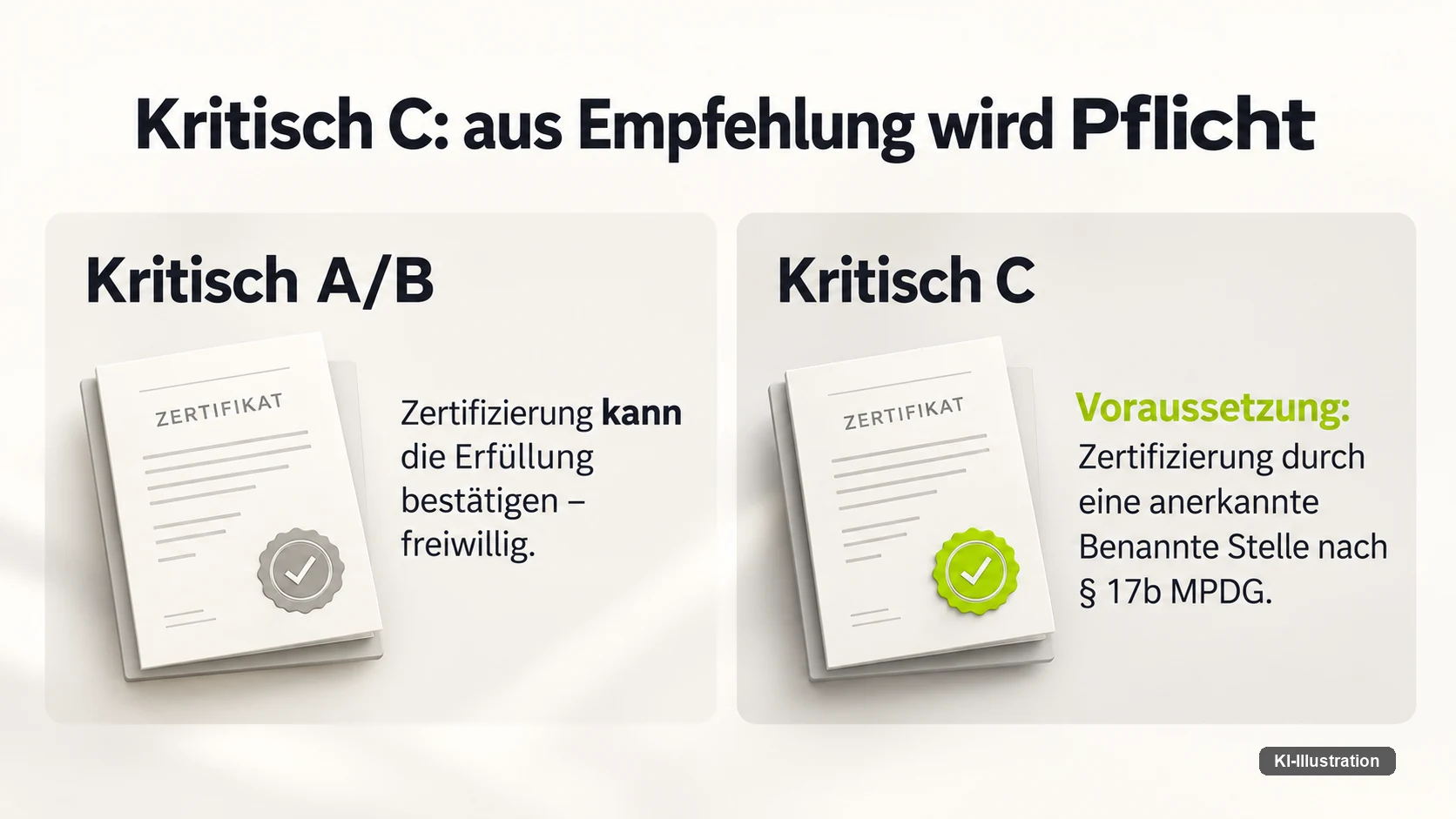 Gegenüberstellung: Bei Kritisch A und B kann eine Zertifizierung die Erfüllung der Anforderungen bestätigen und ist freiwillig; bei Kritisch C ist die Zertifizierung durch eine anerkannte Benannte Stelle nach § 17b MPDG Voraussetzung.