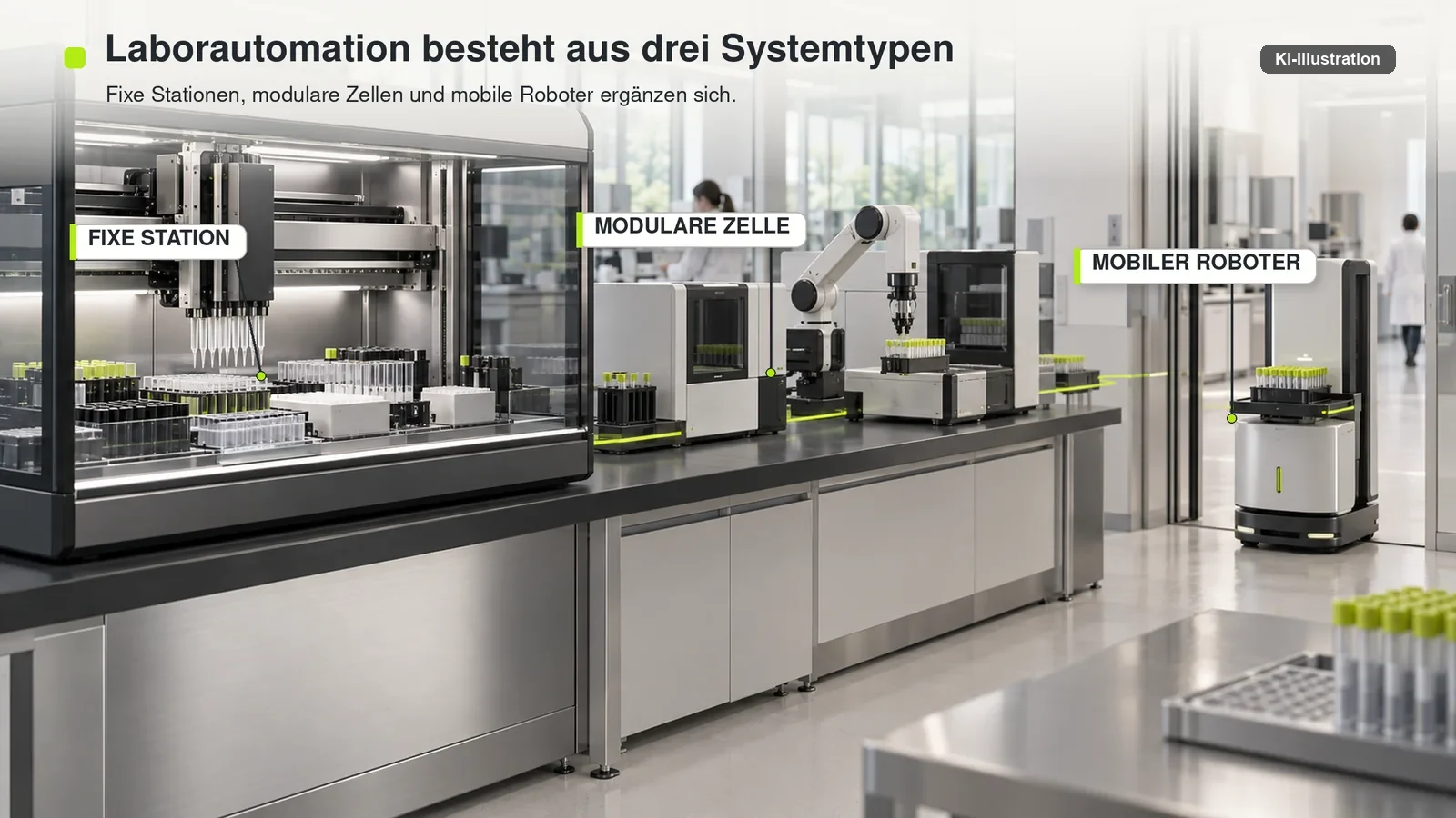 Fixe Liquid-Handling-Station, modulare Laborzelle und mobiler Roboter in einer zusammenhängenden Laborstraße.