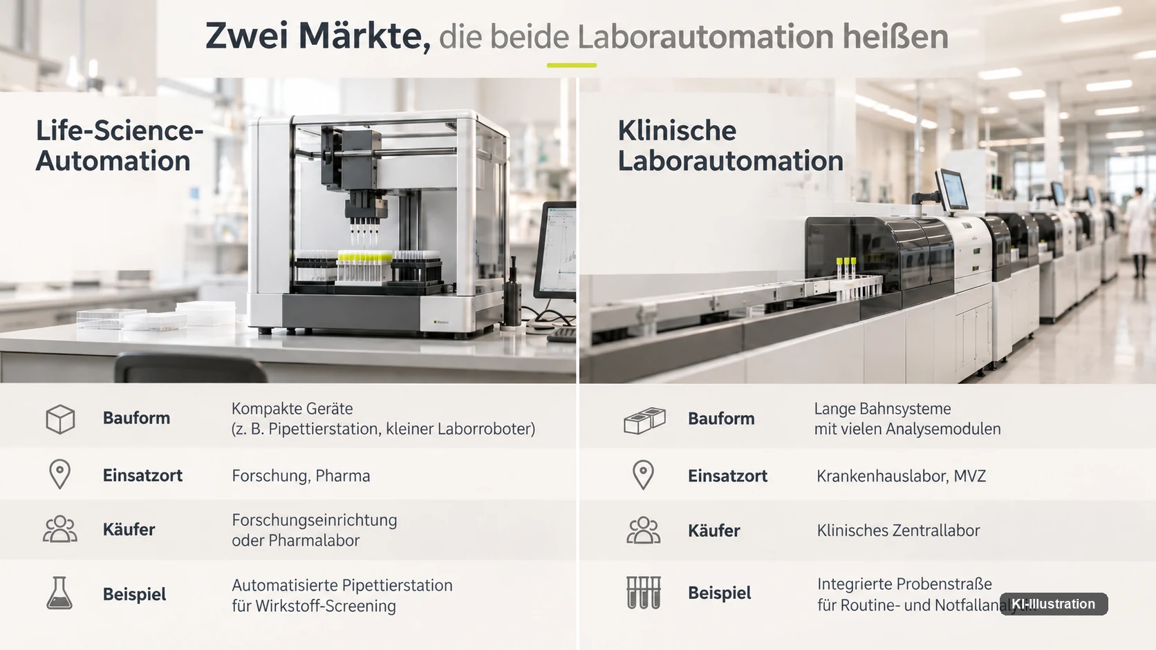 Gegenüberstellung von Life-Science-Automation und klinischer Laborautomation nach Bauform, Einsatzort, Käufer und Beispiel.