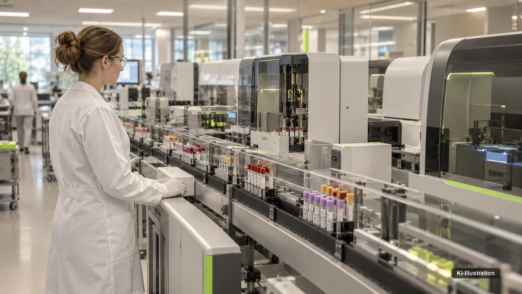 Eine Mitarbeiterin im Laborkittel steht an einer langen Laborbahn, entlang derer mehrere geschlossene Analysemodule aufgereiht sind.