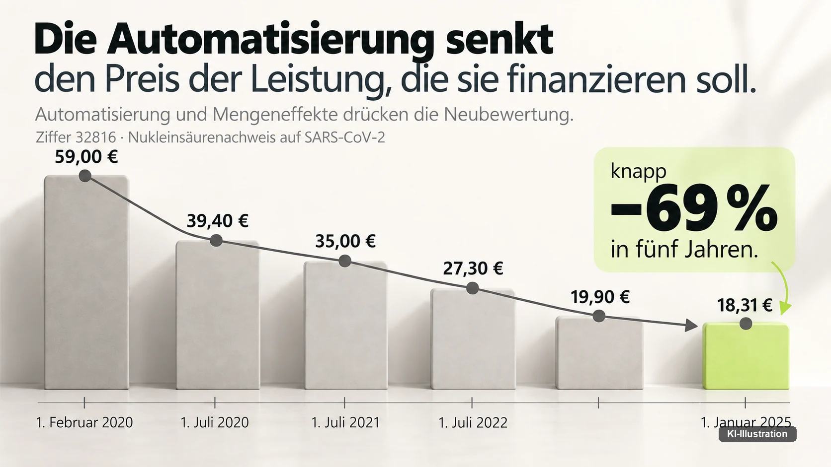 Balkendiagramm des Preisverlaufs einer Laborziffer von 59,00 Euro am 1. Februar 2020 über 39,40, 35,00, 27,30 und 19,90 Euro bis 18,31 Euro am 1. Januar 2025.