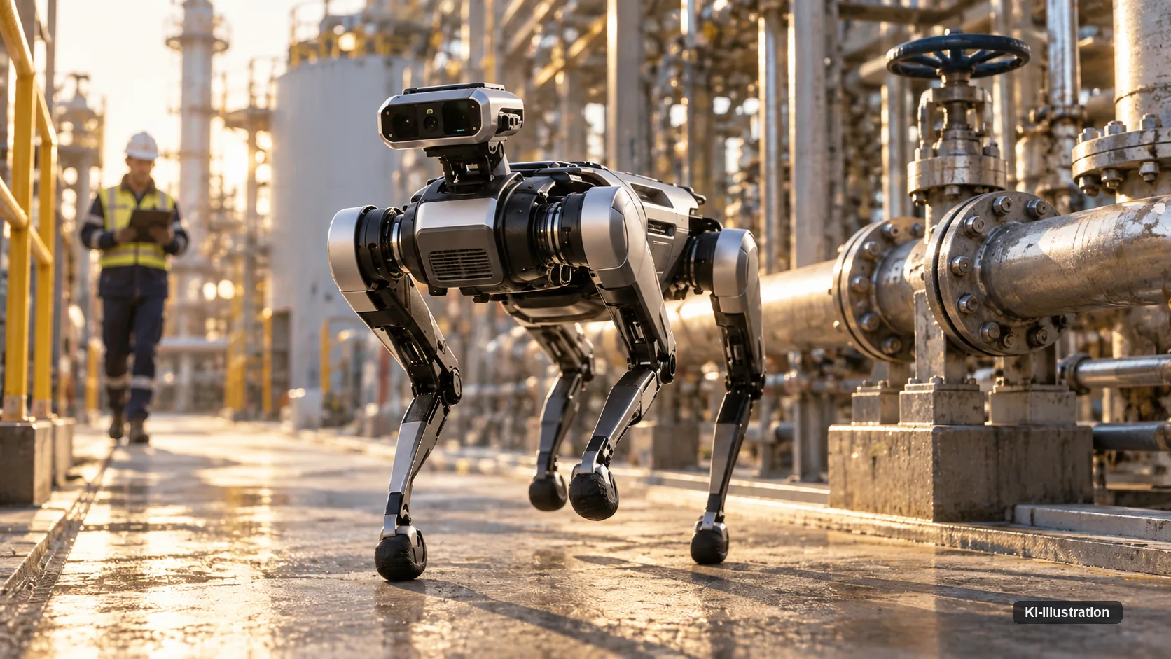 Vierbeiniger Roboter mit Sensorkopf auf einem Rohrleitungssteg einer Industrieanlage, im Hintergrund eine Person mit Klemmbrett.