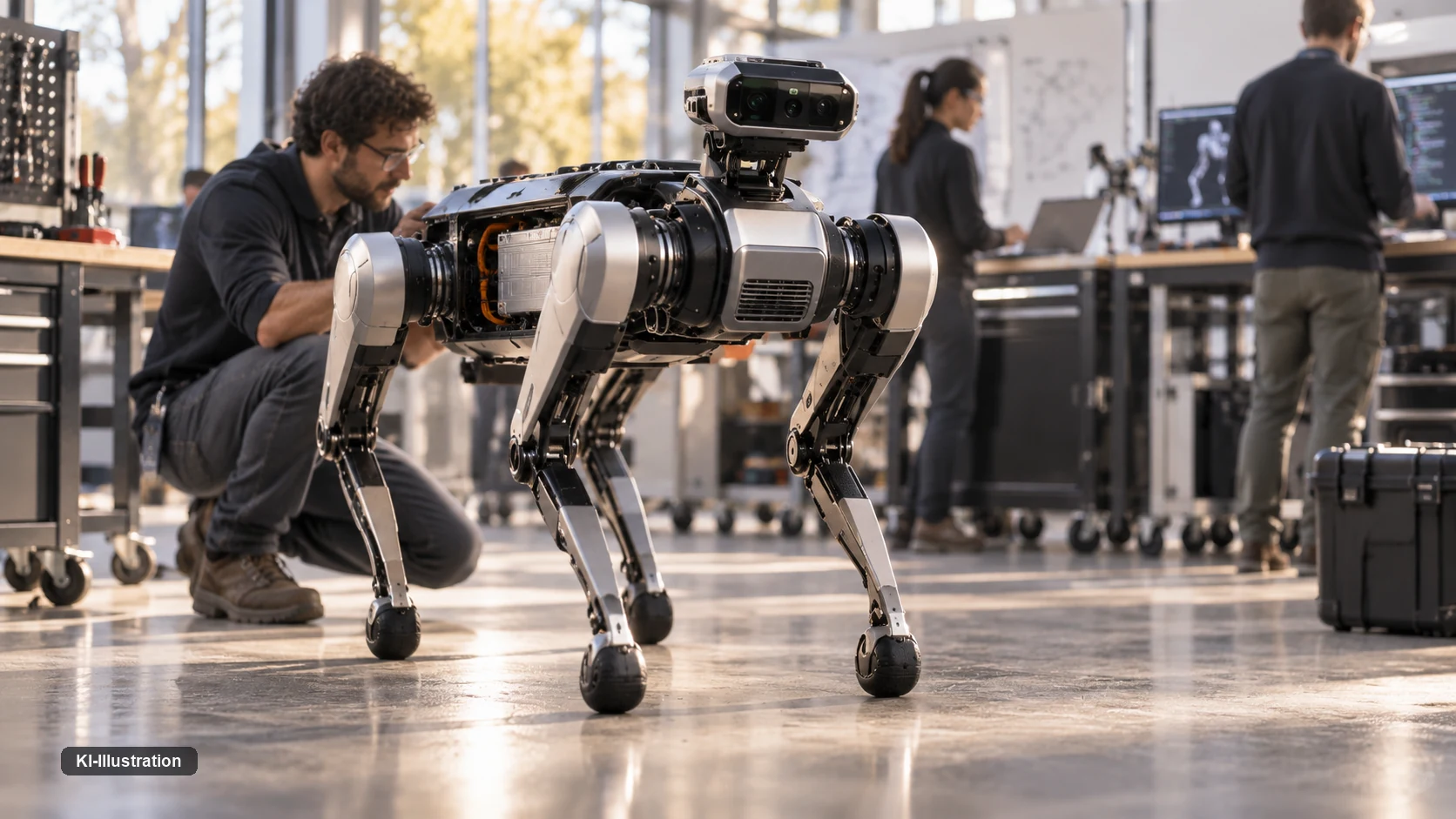 Techniker kniet neben einem geöffneten vierbeinigen Roboter in einer Werkstatt, das Batteriefach ist zugänglich.