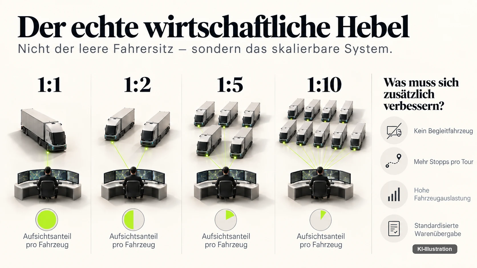 Infografik vergleicht Aufsichtsszenarien von einem Operator für einen bis zehn autonome Lkw.