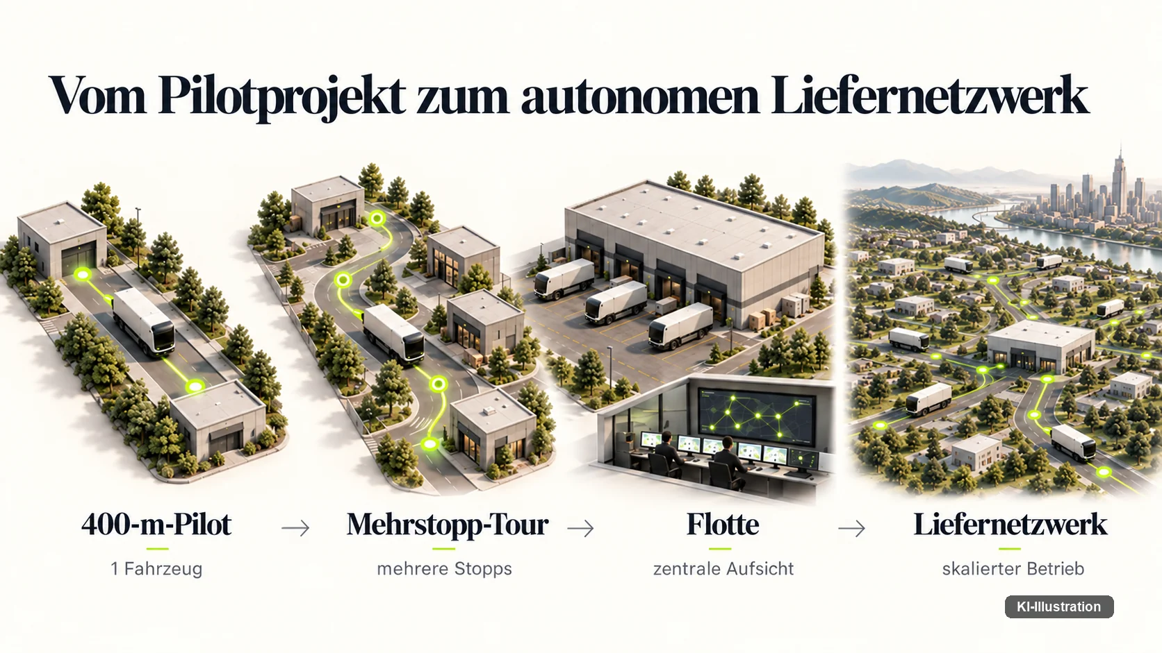 Infografik zeigt die Entwicklung vom 400-Meter-Pilot über Mehrstopp-Tour und Flotte zum autonomen Liefernetzwerk.