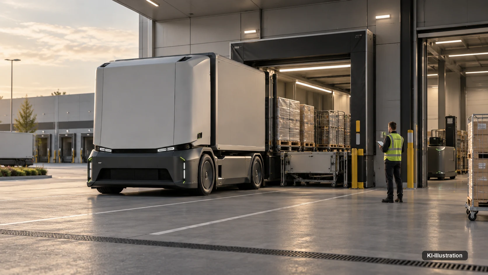 Autonomer kabinenloser Lkw an einer Verladerampe, während eine Fachkraft mit Tablet den Warenumschlag begleitet.