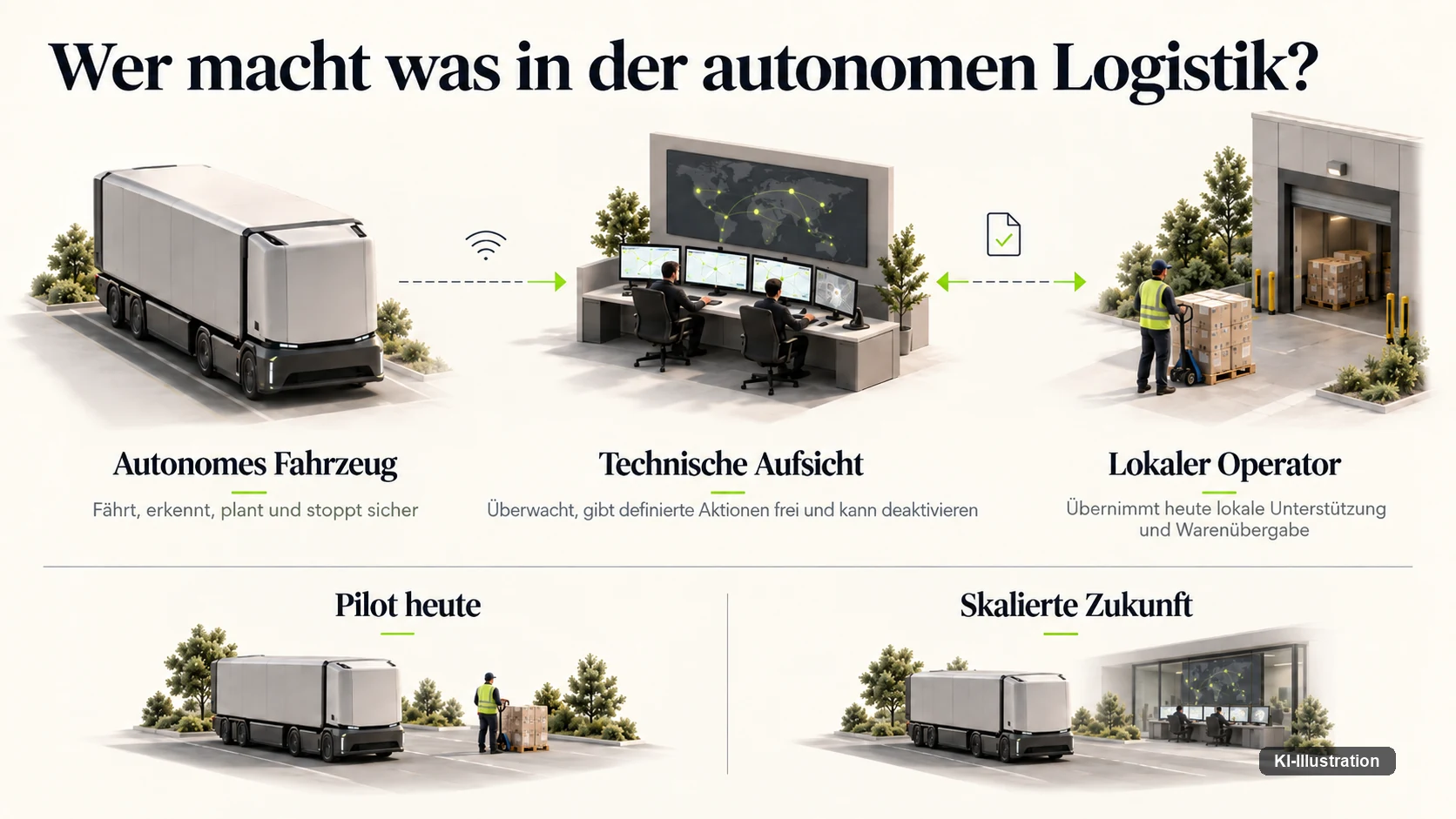 Infografik trennt die Rollen von autonomem Fahrzeug, technischer Aufsicht und lokalem Operator in der autonomen Logistik.