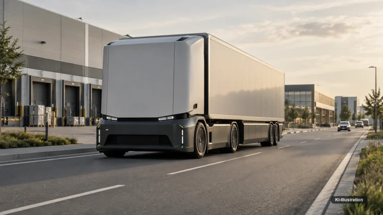 Kabinenloser autonomer Elektro-Lkw fährt an einem Logistikzentrum auf öffentlicher Straße vorbei.
