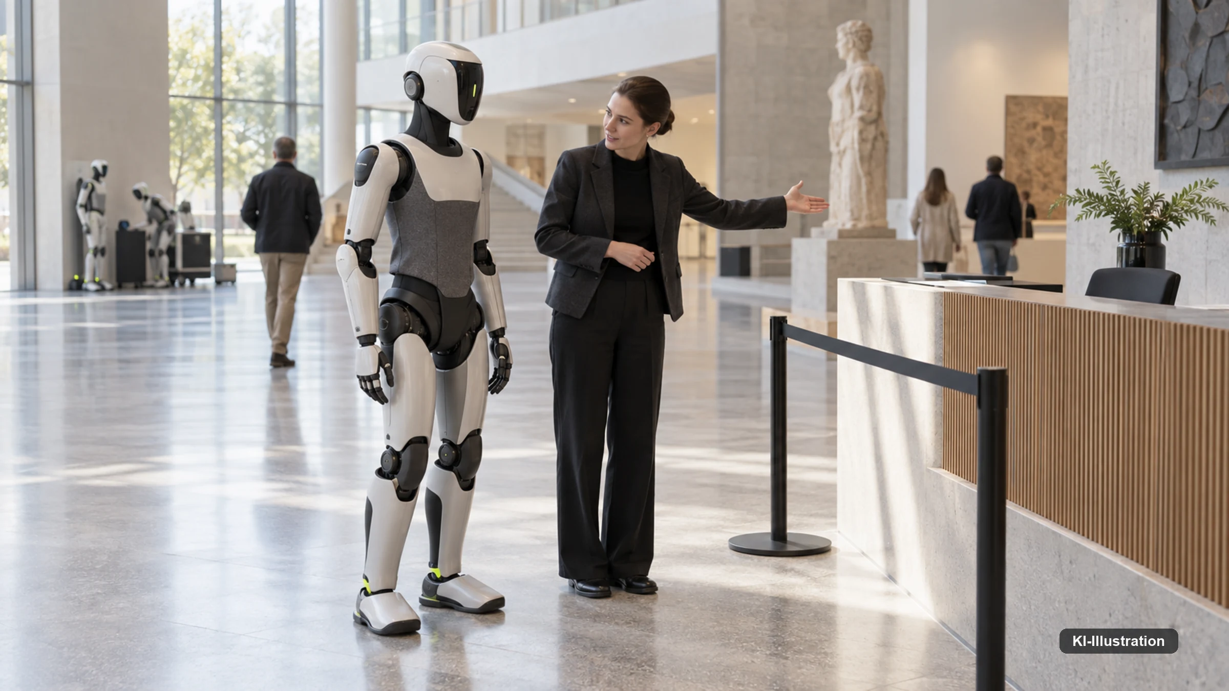 Humanoider Roboter interagiert in einer öffentlichen, kommerziellen Umgebung mit Publikum.