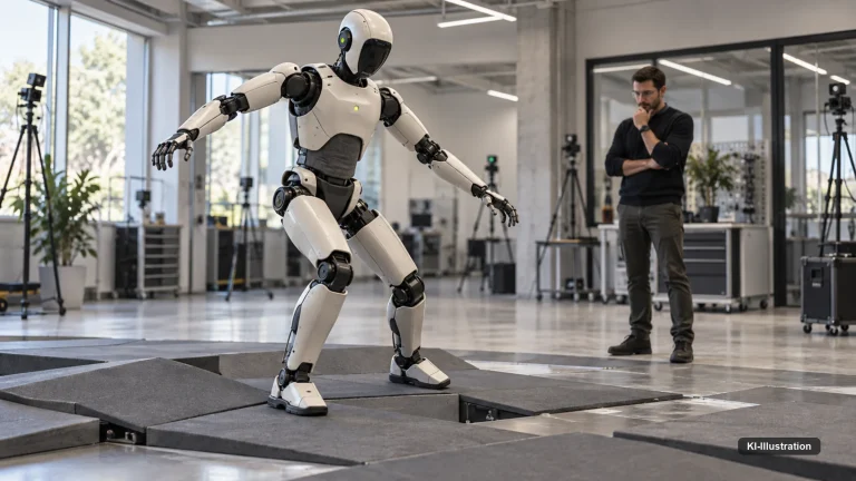 Zweibeiniger Roboter hält im Schritt die Balance auf unebenem Untergrund.