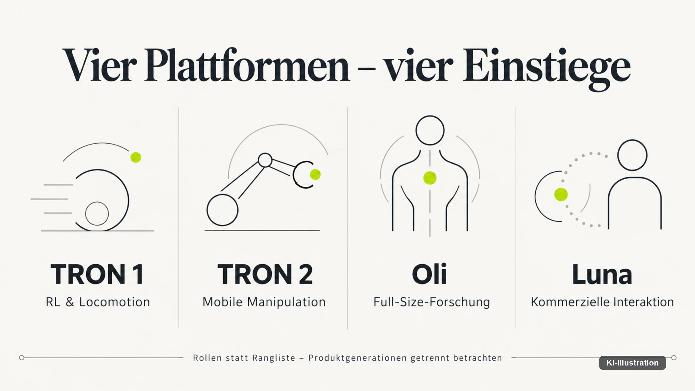 Jede Produktlinie trägt eine eigene Rolle von Forschungsgerät über Manipulationsplattform bis Repräsentationsmaschine.