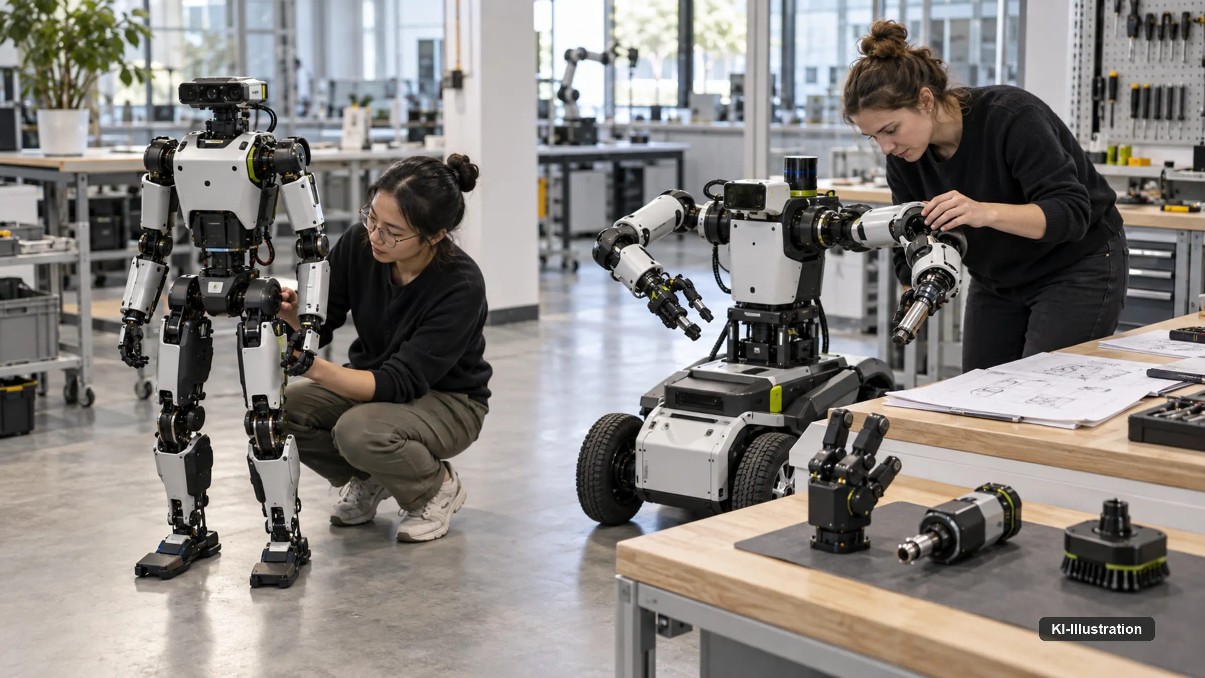 Vier verschiedene Roboterbauformen stehen nebeneinander als Familien einer Plattform.