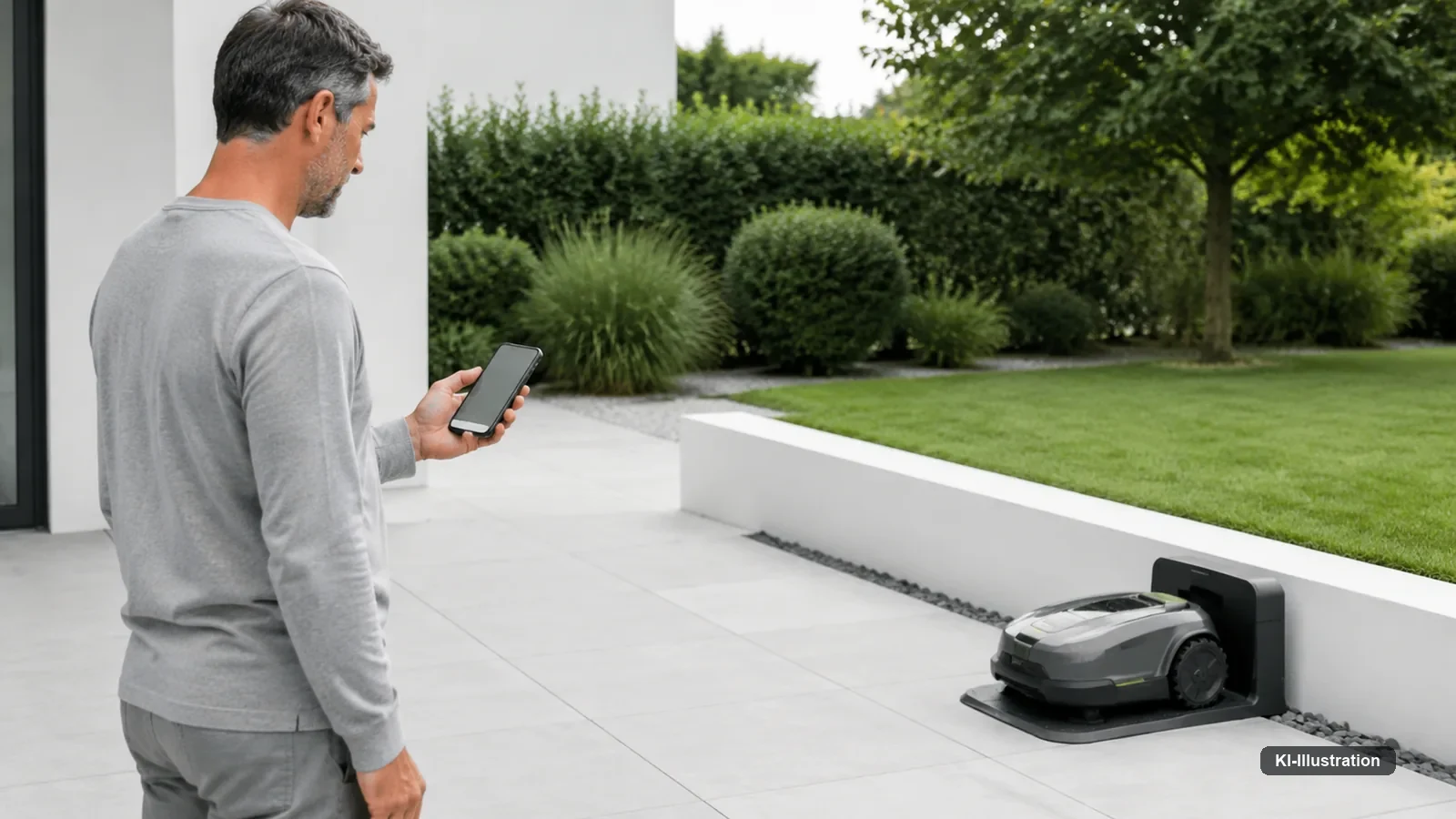 Mähroboter fährt bei tief stehender Sonne über den Rasen, Wohnhäuser stehen dicht beieinander.