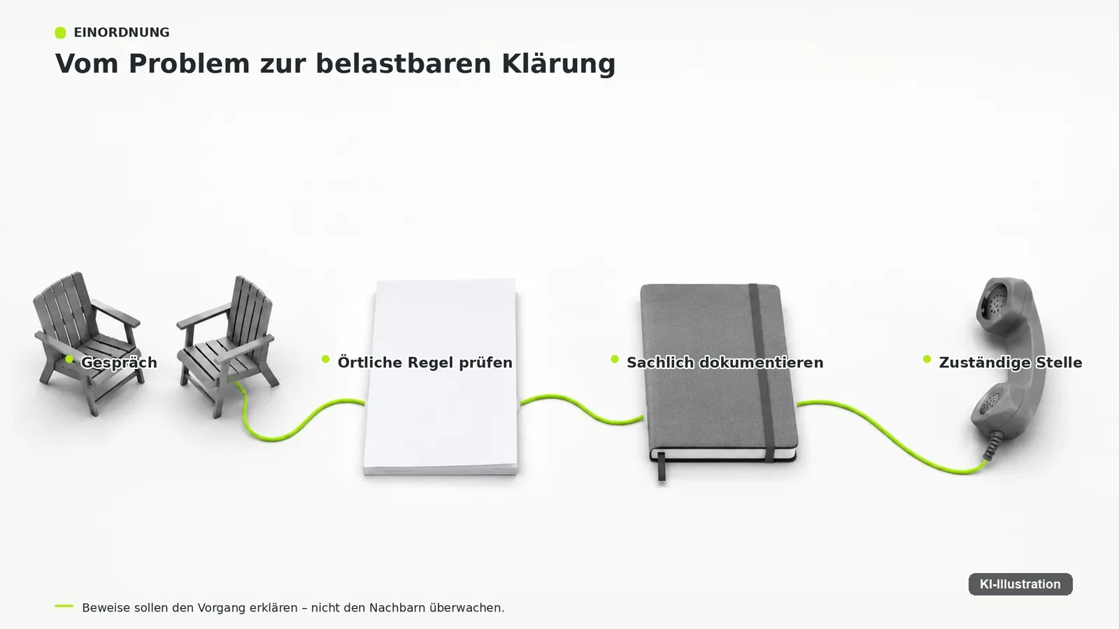 Weg in mehreren Schritten vom Gespräch über die Feststellung der Norm bis zur zuständigen Stelle.