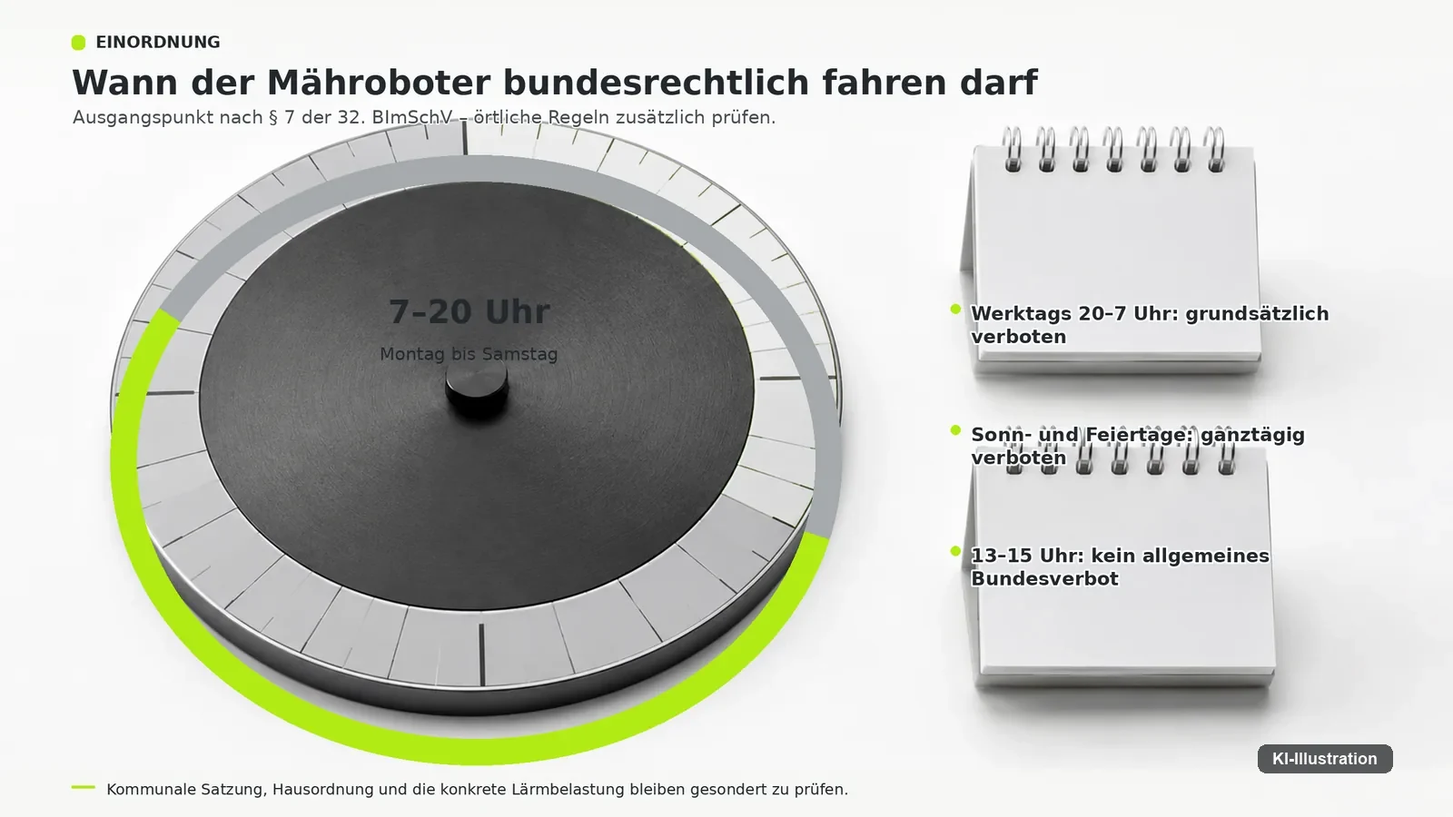 Zifferblatt mit hervorgehobenem Zeitraum von 7 bis 20 Uhr, daneben Hinweise zu Nachtruhe, Sonntagen und Mittagszeit.