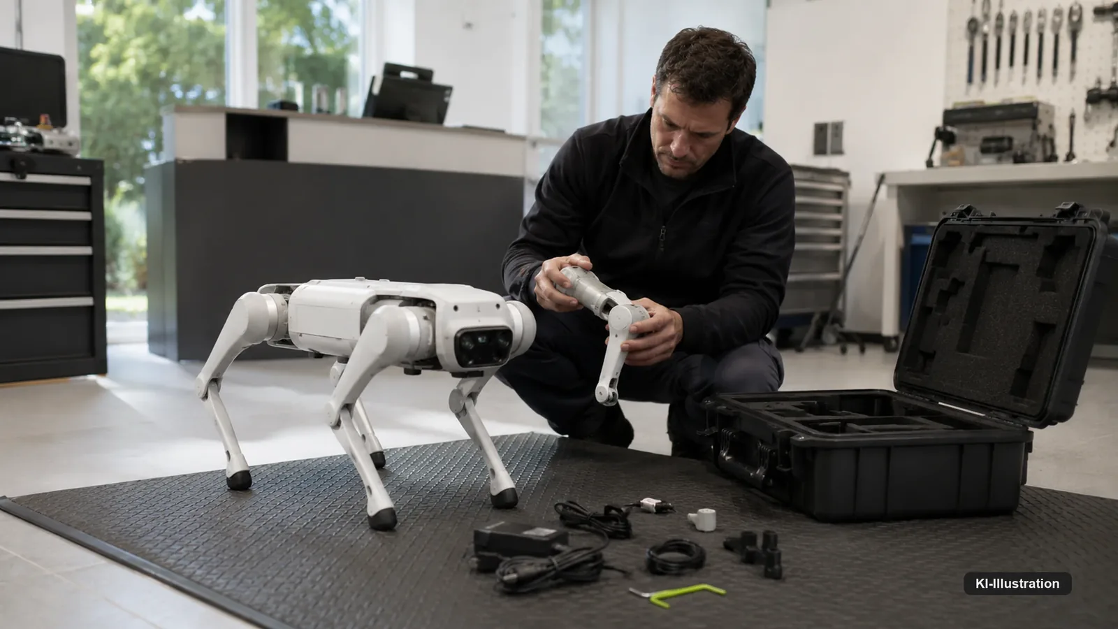 Technikerin mit Werkzeug an einem geöffneten vierbeinigen Roboter auf einer Werkbank, daneben ausgebaute Bauteile.