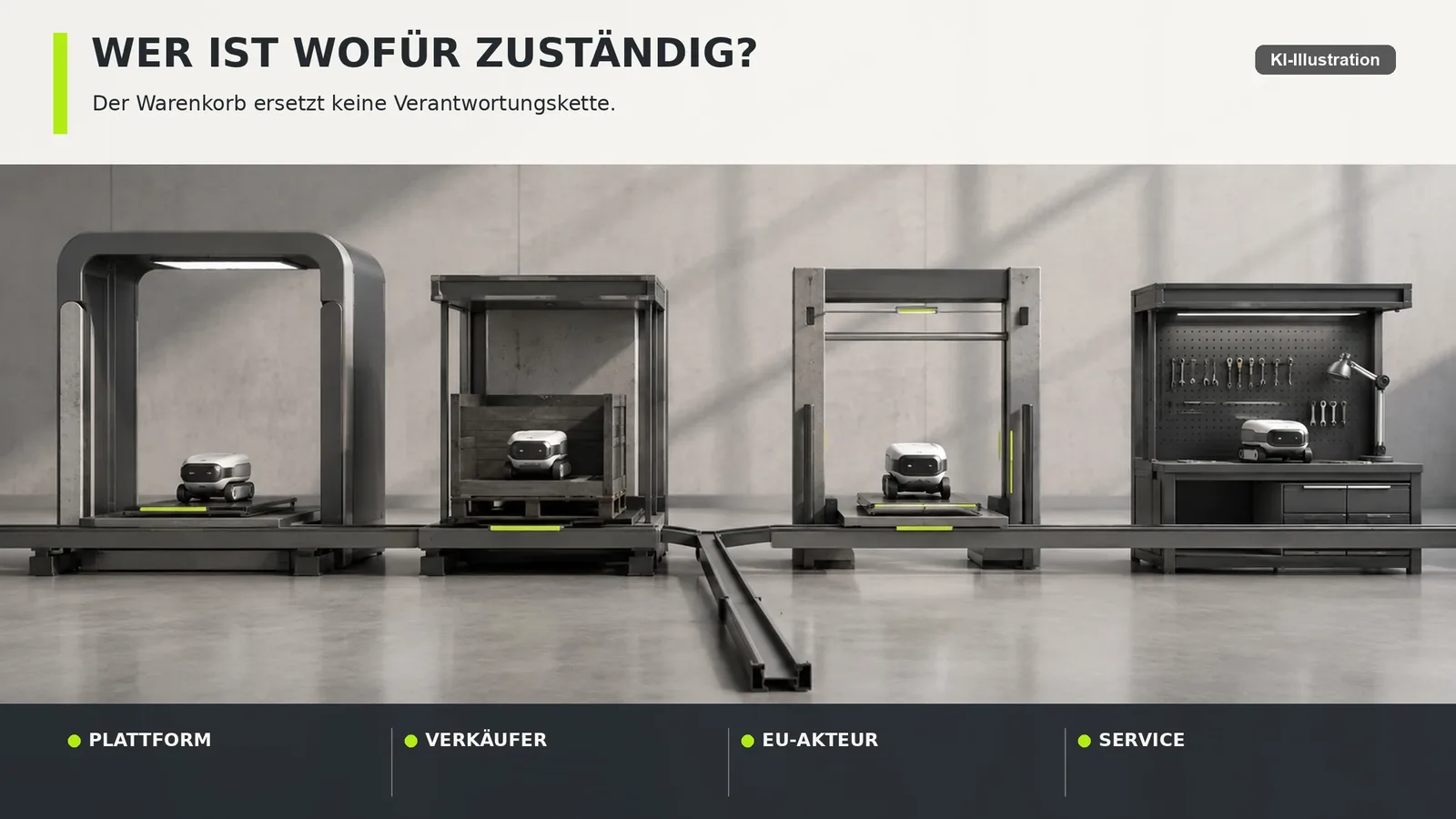 Schema mit drei Feldern für Plattform, Verkäufer und Hersteller, die über Verbindungslinien auf ein Produktsymbol in der Mitte zeigen.