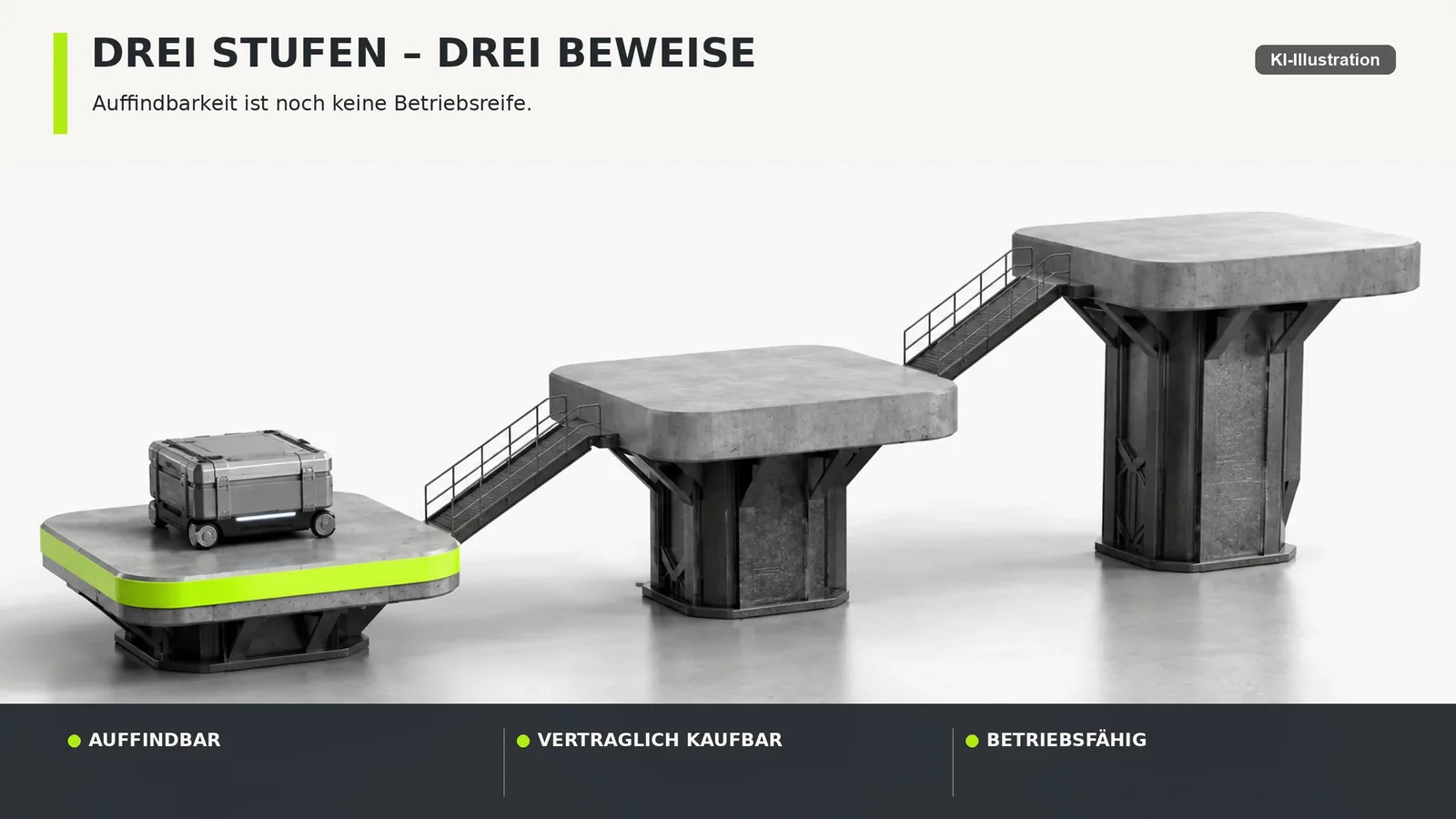 Grafik mit drei ansteigenden Stufen, beschriftet mit Zugang, Beschaffbarkeit und Betriebsreife.