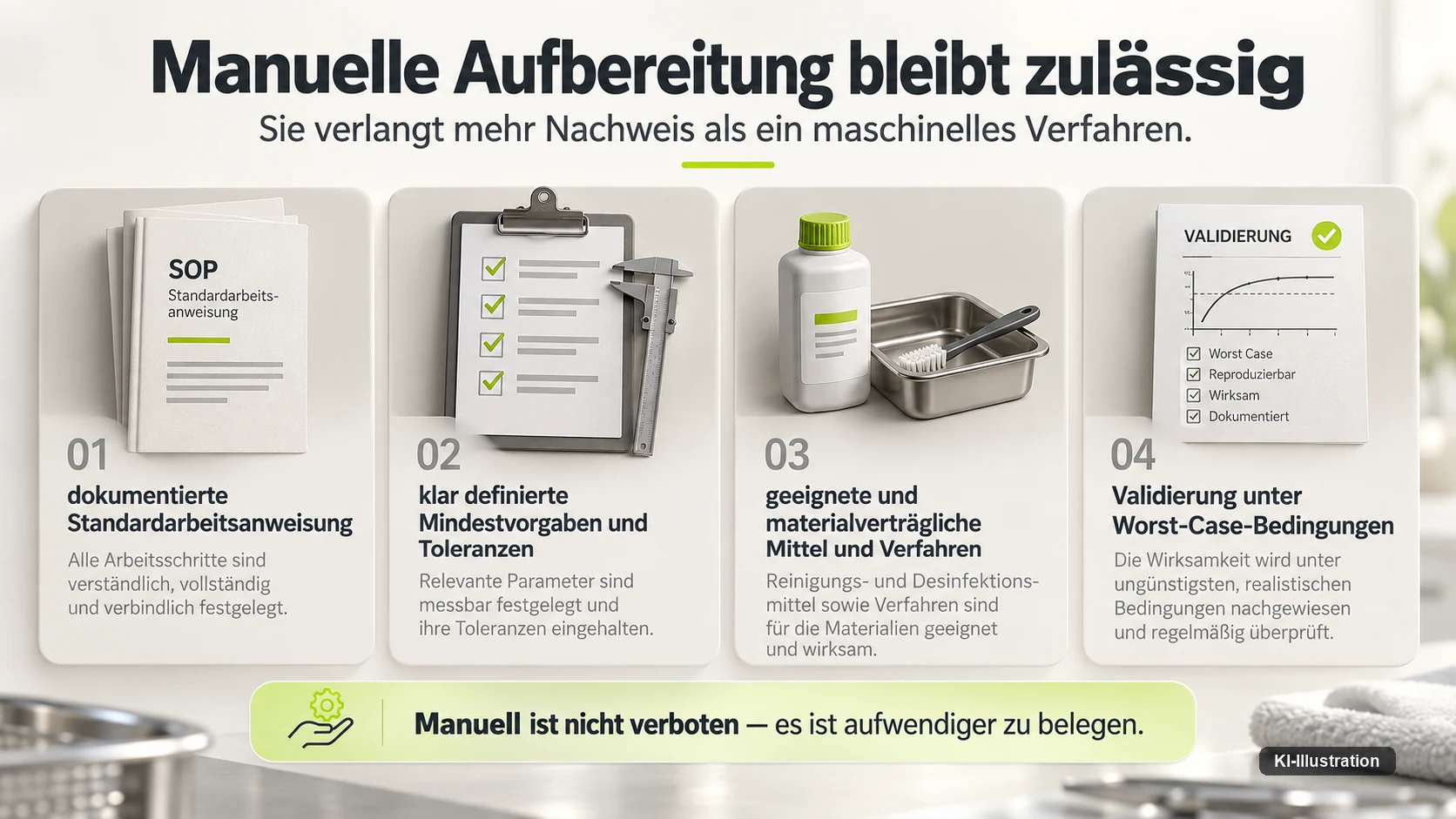 Vier Anforderungen an die manuelle Aufbereitung: dokumentierte Standardarbeitsanweisung, klar definierte Mindestvorgaben und Toleranzen, geeignete und materialverträgliche Mittel und Verfahren, Validierung unter Worst-Case-Bedingungen.