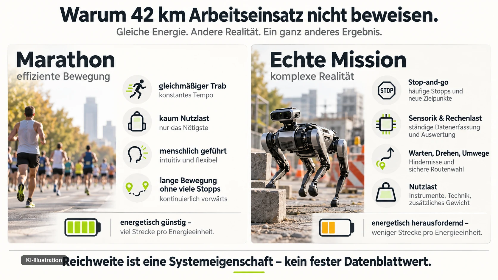Gegenüberstellung: Marathon mit gleichmäßigem Trab, kaum Nutzlast und menschlicher Führung gegen einen Arbeitseinsatz mit Stop-and-go, Sensorlast, Warten und Nutzlast.