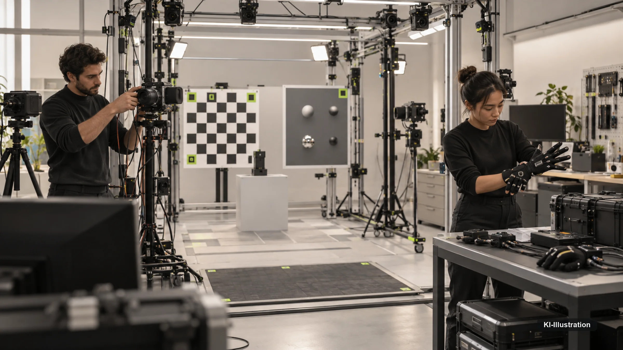 Technischer Arbeitsraum mit Aufnahmegestellen, Sensorboxen, Kalibrierboards und Datenträgern.