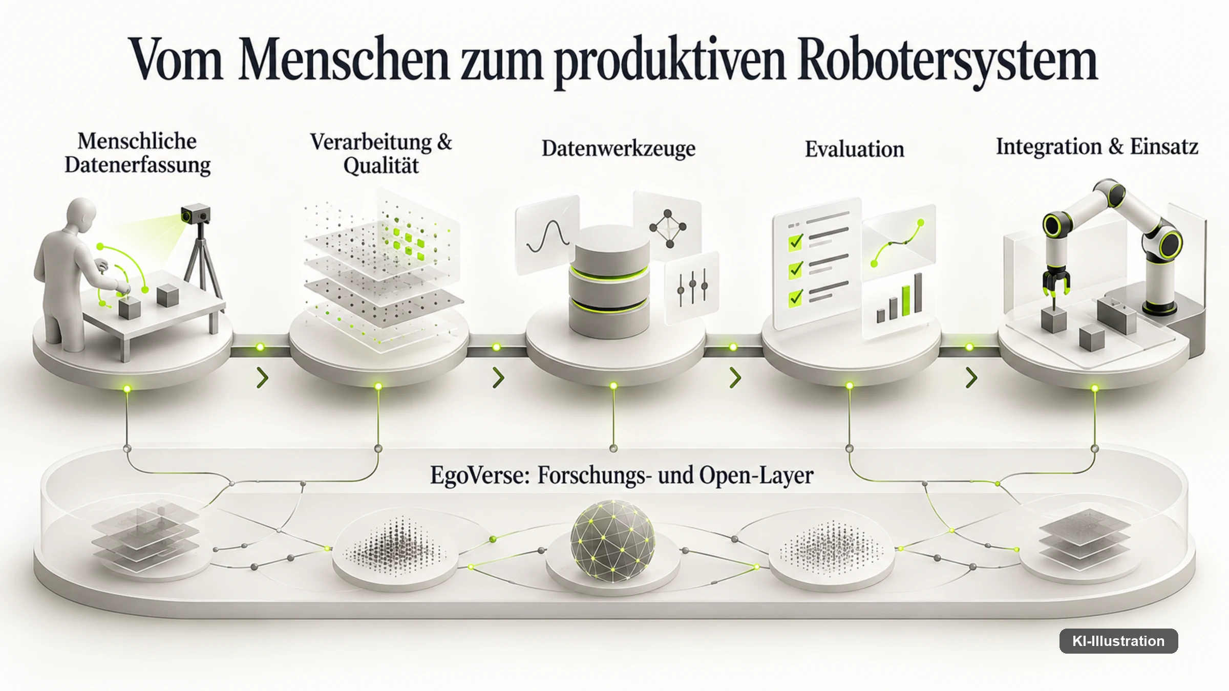 Ablauf von der menschlichen Aufnahme über Verarbeitung, Datenwerkzeuge und Auswertung bis zum Einsatz; EgoVerse liegt als Forschungsschicht darunter.