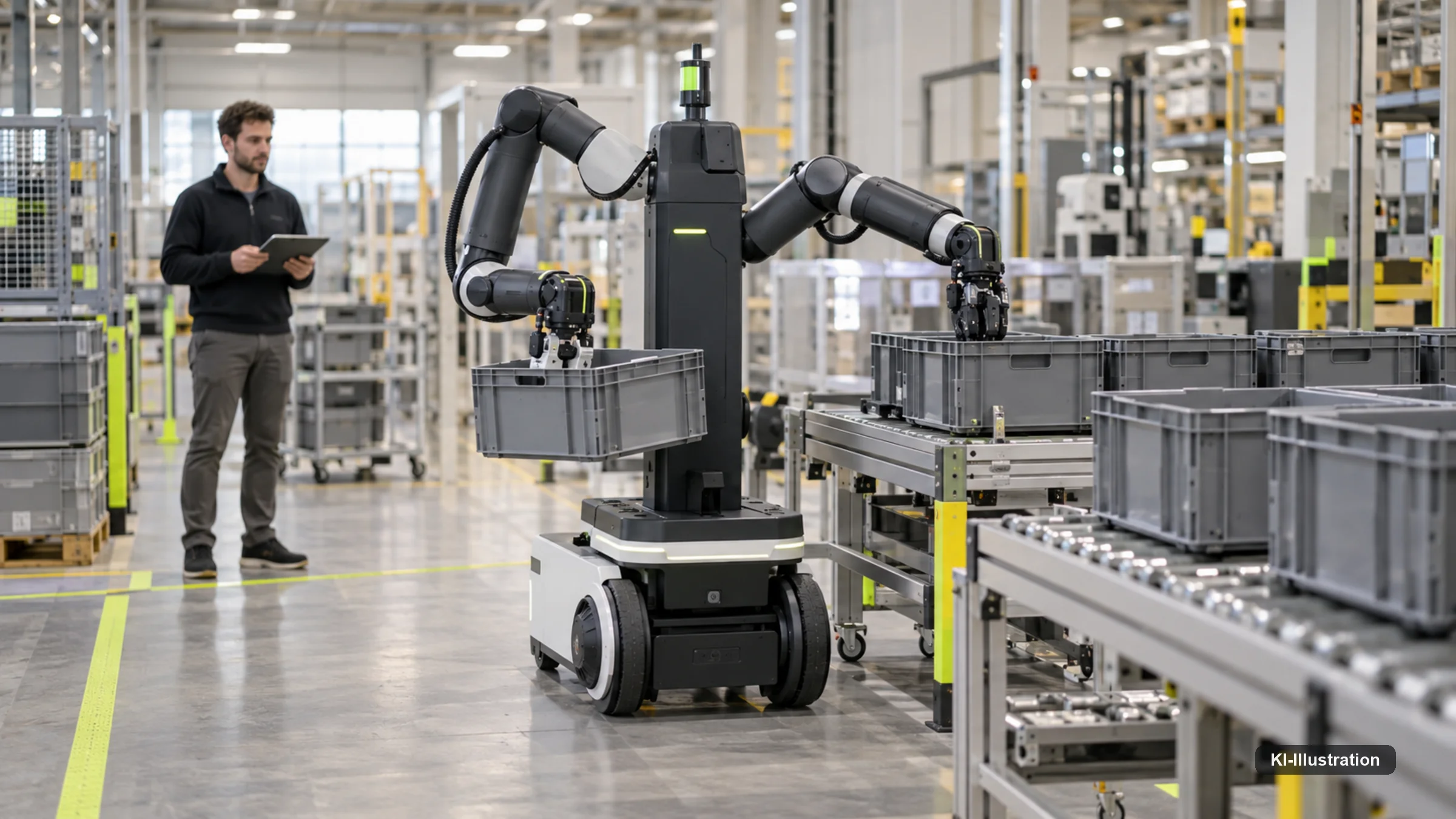 Zweiarmiger Roboter arbeitet in einem Unternehmensablauf, im Hintergrund ein Integrationsingenieur.