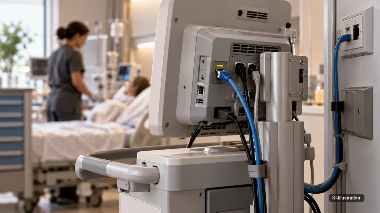 Rückseite eines Patientenmonitors auf einem Gerätewagen mit eingestecktem Netzwerkkabel, daneben die Netzwerkdose an der Wand; im Hintergrund eine Pflegekraft am Patientenbett.