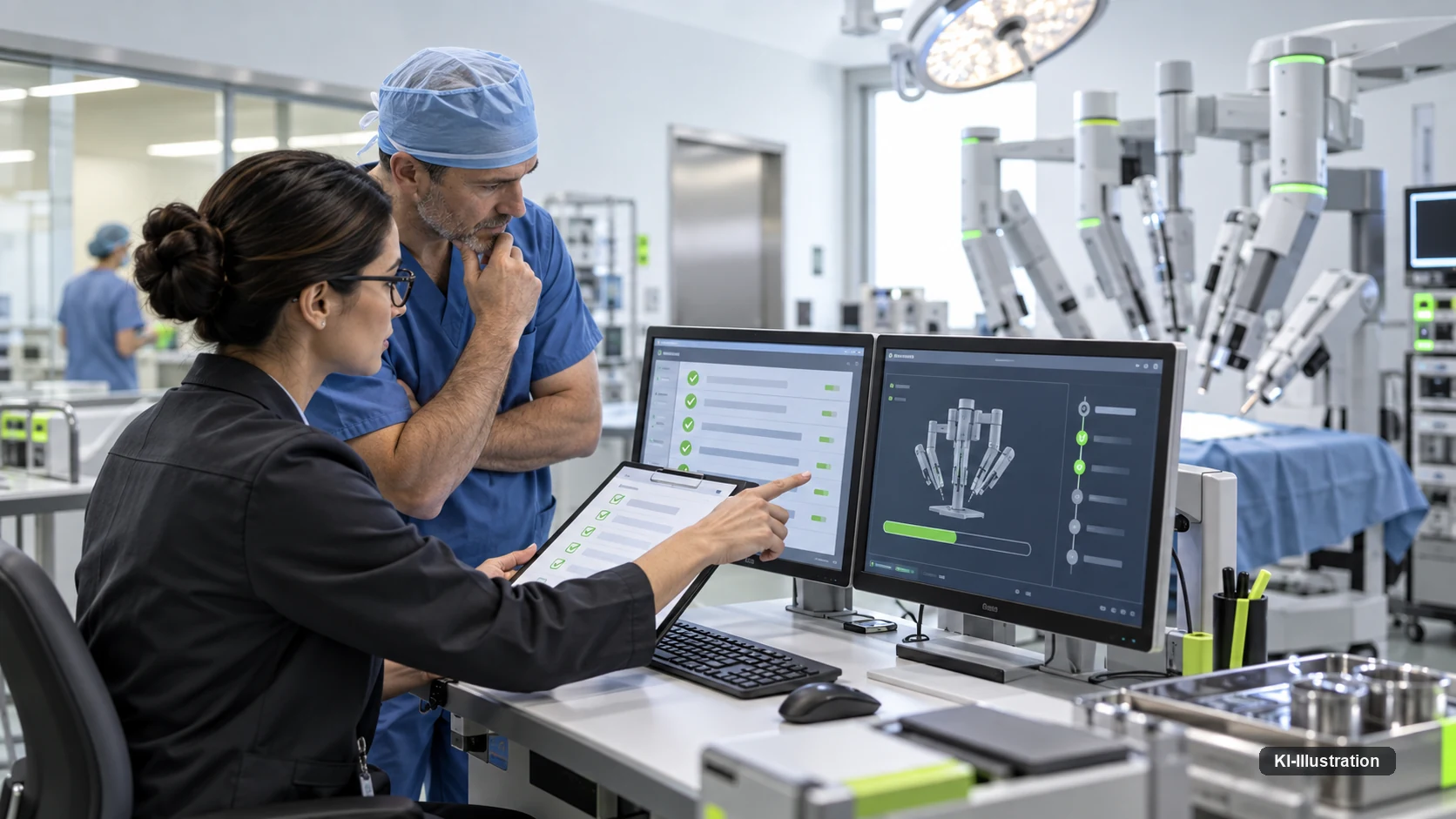 Zwei Personen stehen vor einem Bildschirm mit einer abgehakten Schulungsdokumentation, daneben ein Klemmbrett mit derselben Liste, im Hintergrund ein OP-Robotersystem.