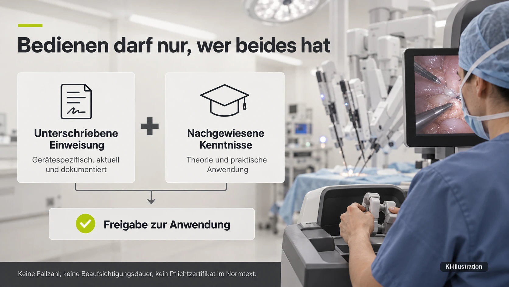 Zwei kumulative Voraussetzungen für die Bedienung: dokumentierte gerätespezifische Einweisung und nachgewiesene Kenntnisse.