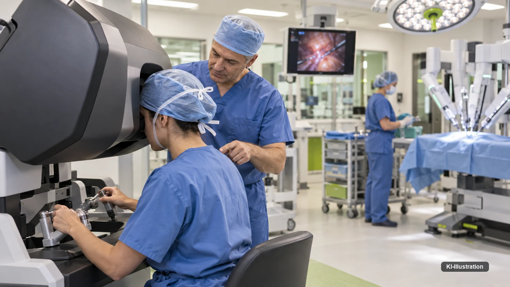 Eine Ärztin sitzt an der Konsole eines OP-Robotersystems, ein erfahrener Kollege steht hinter ihr und erklärt, im Hintergrund der Manipulatorwagen.