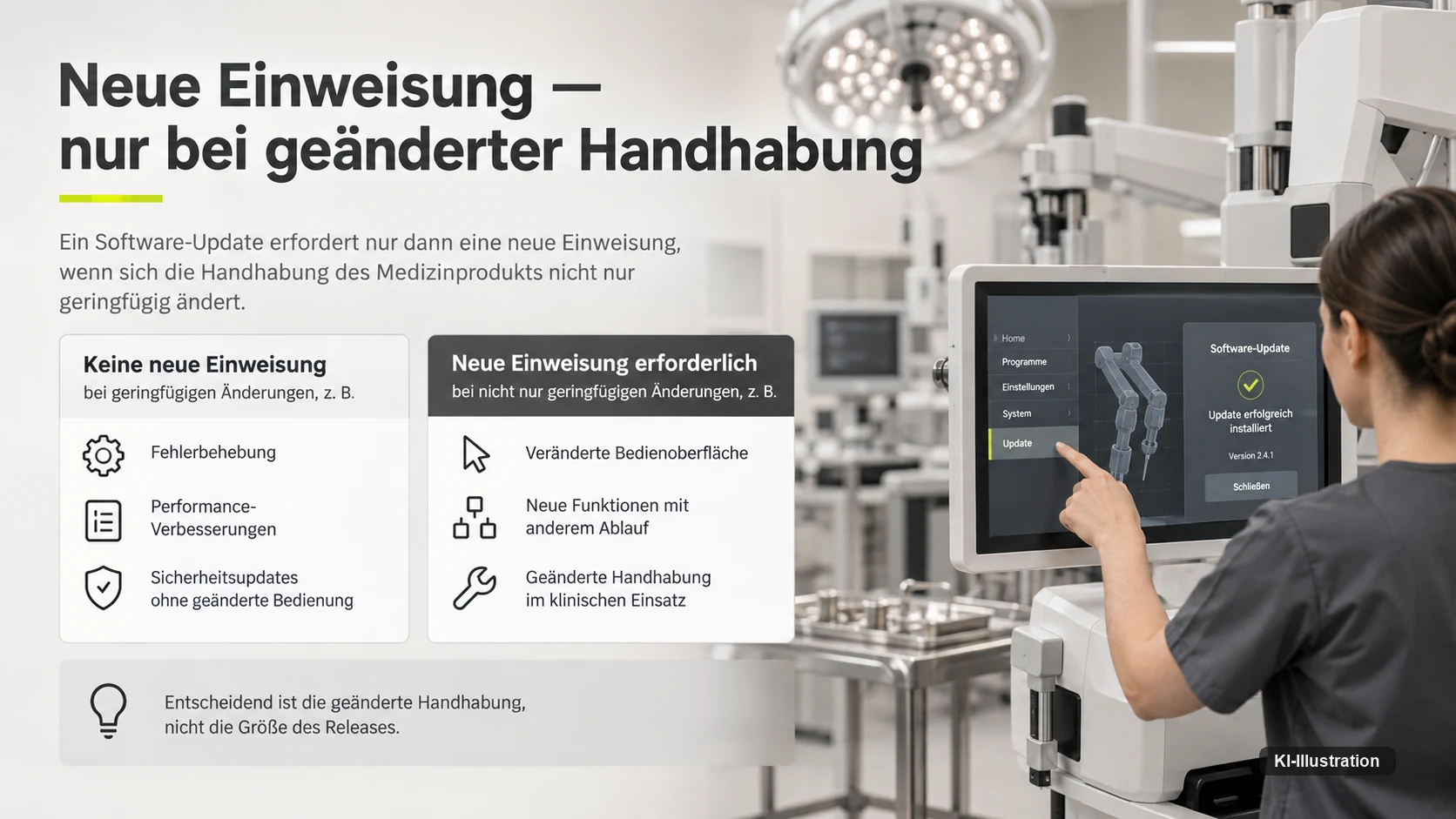 Unterscheidung zwischen geringfügigen Software-Aenderungen ohne neue Einweisung und Aenderungen der Handhabung, die eine neue Einweisung auslösen.