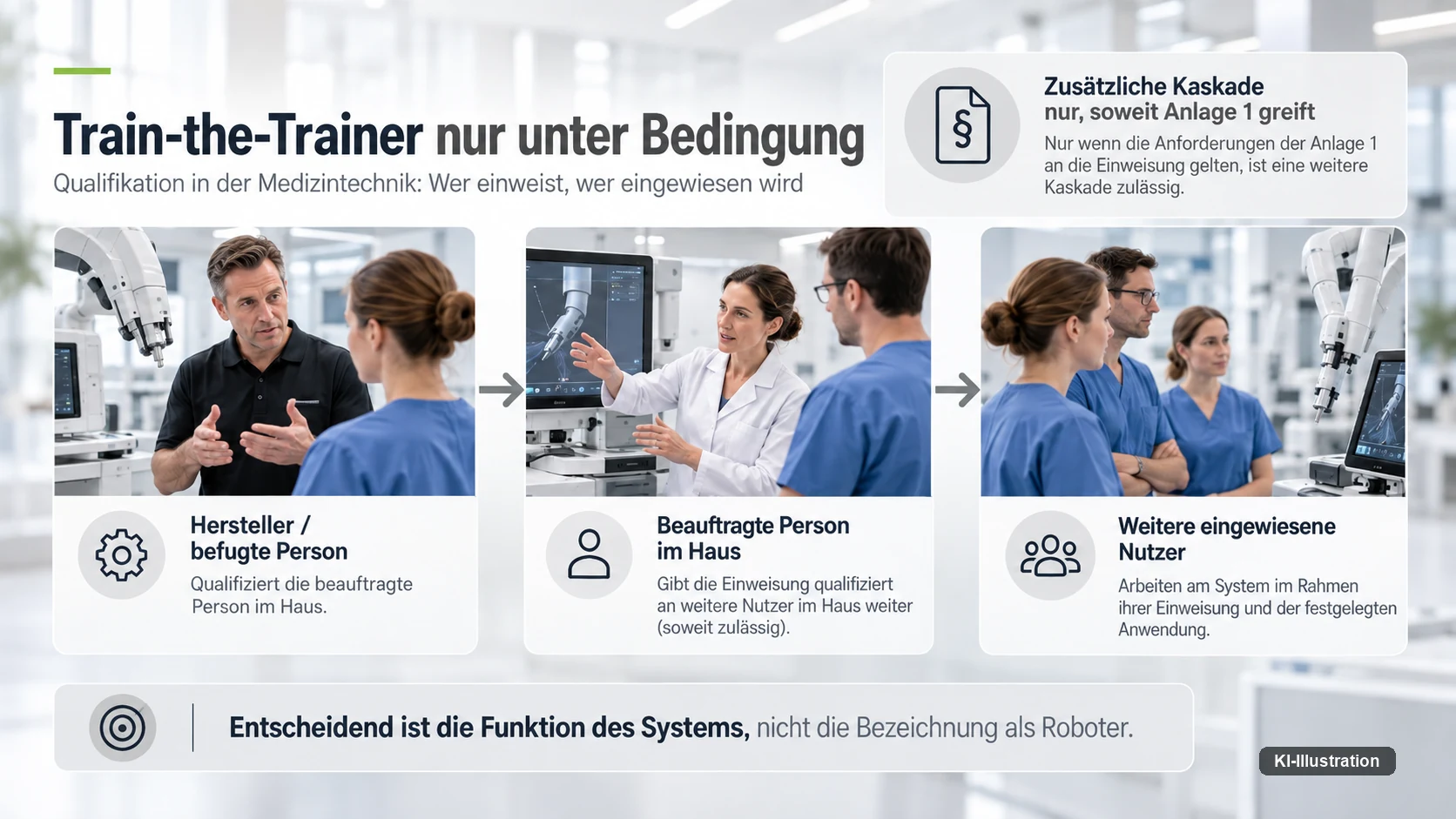 Kaskade vom Hersteller über die beauftragte Person im Haus zu weiteren eingewiesenen Nutzern, mit dem Hinweis, dass sie nur für Produkte der Anlage 1 gilt.