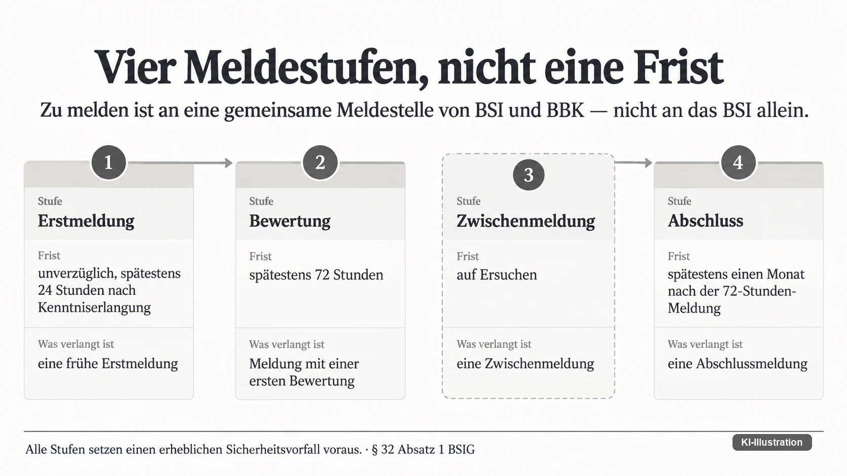 Vier Meldestufen nach § 32 Absatz 1 BSIG nebeneinander: Erstmeldung unverzüglich, spätestens 24 Stunden nach Kenntniserlangung; Bewertung spätestens 72 Stunden; Zwischenmeldung auf Ersuchen, gestrichelt und ohne Position auf der Zeitachse; Abschluss spätestens einen Monat nach der 72-Stunden-Meldung.