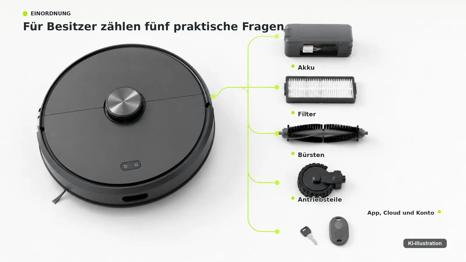 Saugroboter mit separat dargestellten Komponenten für Akku, Filter, Bürsten und App-Verbindung.