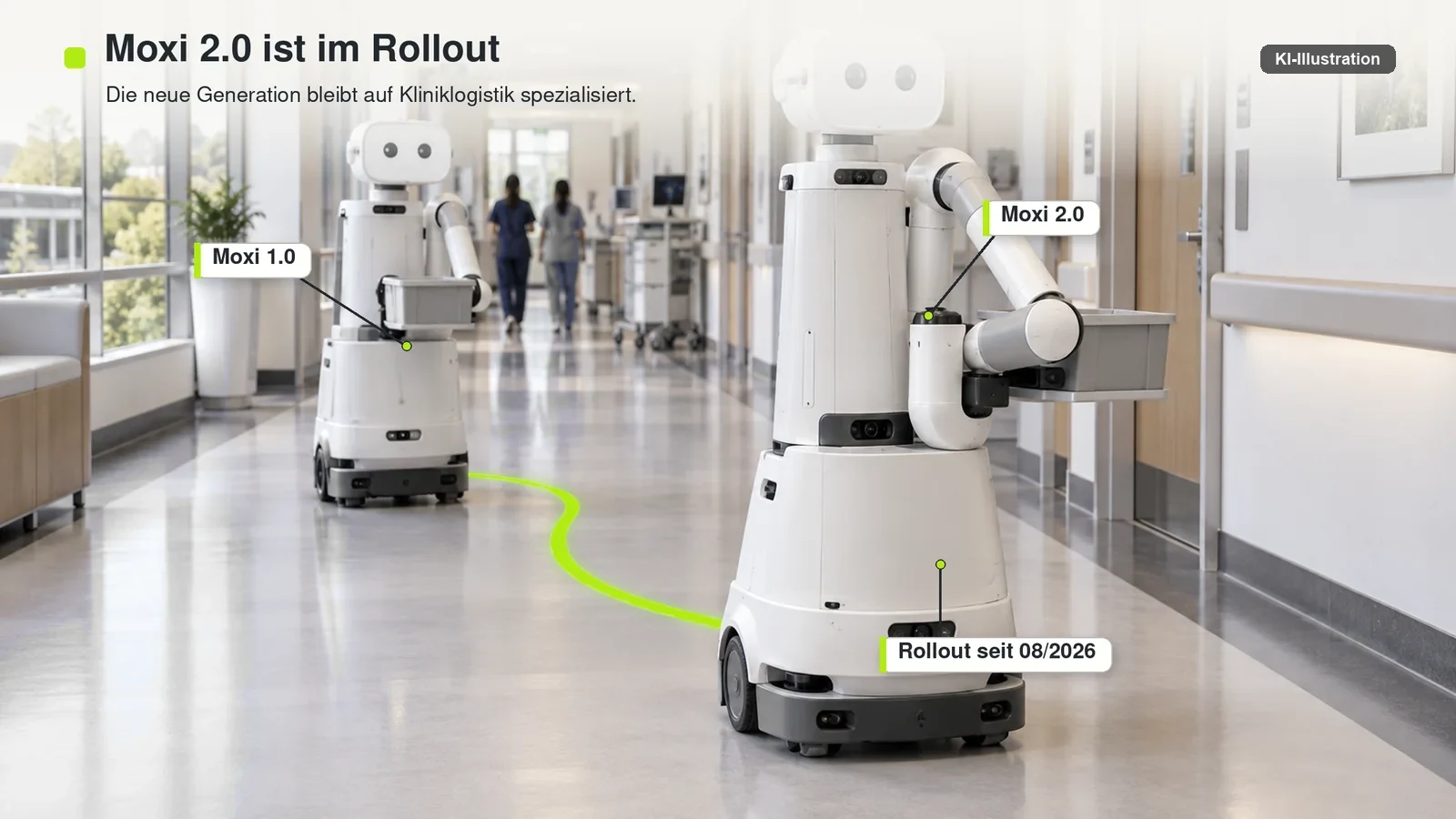 Zwei Generationen des Kliniklogistikroboters Moxi mit Übergang von Moxi 1.0 zu Moxi 2.0.