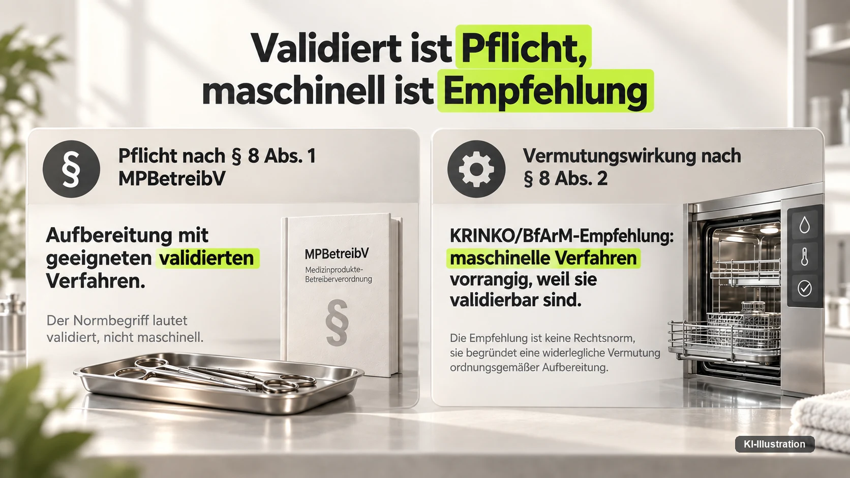 Gegenüberstellung zweier Rechtsgrundlagen: links die Pflicht nach § 8 Absatz 1 MPBetreibV zur Aufbereitung mit geeigneten validierten Verfahren, rechts die Vermutungswirkung nach § 8 Absatz 2 durch die KRINKO/BfArM-Empfehlung.