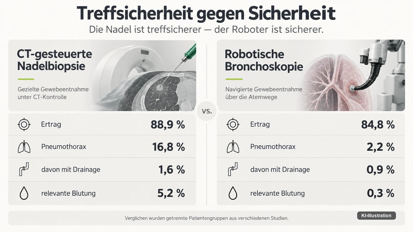 Vergleich von CT-gesteuerter Nadelbiopsie und robotischer Bronchoskopie in vier Kennzahlen: Ertrag 88,9 gegen 84,8 Prozent, Pneumothorax 16,8 gegen 2,2 Prozent, davon mit Drainage 1,6 gegen 0,9 Prozent, relevante Blutung 5,2 gegen 0,3 Prozent.