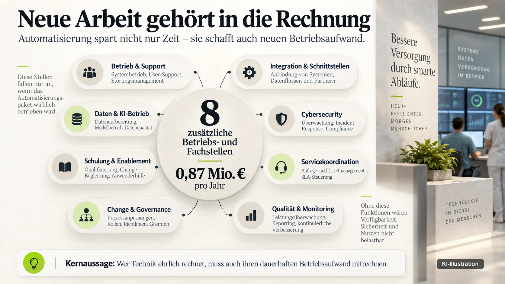 Schaubild mit acht zusätzlichen Betriebs- und Fachstellen für 0,87 Millionen Euro im Jahr, verteilt auf Betrieb, Integration, Datenbetrieb, Cybersicherheit, Servicekoordination, Qualität, Schulung und Governance.