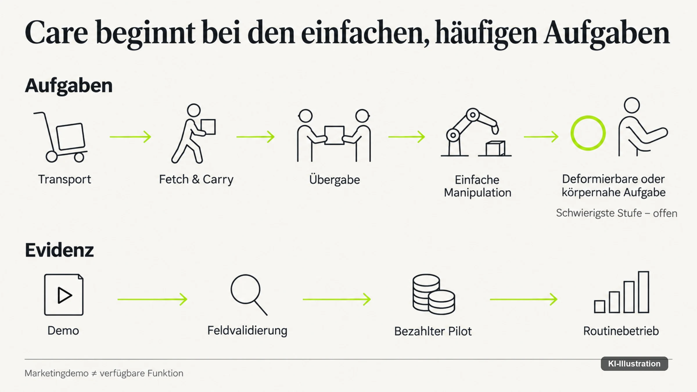 Aufgabenpfad von Transport und Demo bis zu körpernahen Aufgaben und Routinebetrieb.