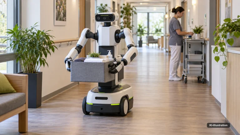 Mobiler Zweiarm-Assistenzroboter transportiert Material in einem hellen Pflegeheimflur.