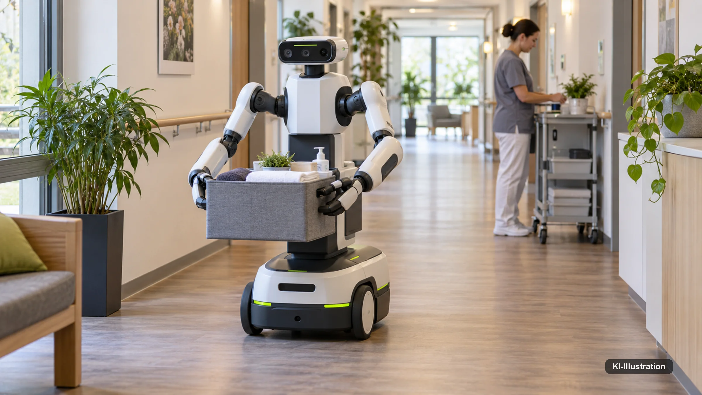 Mobiler Zweiarm-Assistenzroboter transportiert Material in einem hellen Pflegeheimflur.