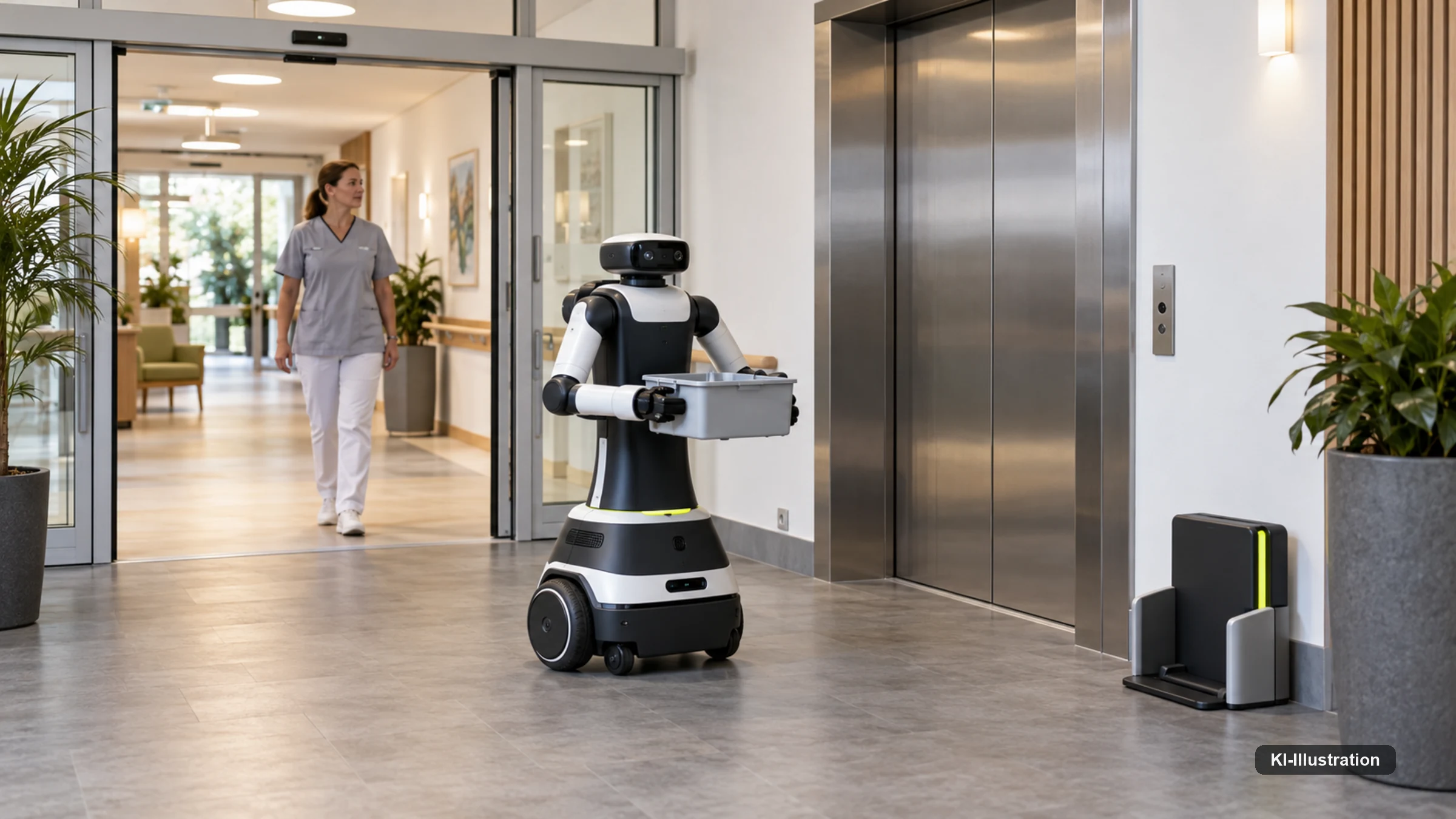 Serviceroboter bewegt sich zwischen automatischer Tür, Aufzug und Ladestation in einer Pflegeeinrichtung.